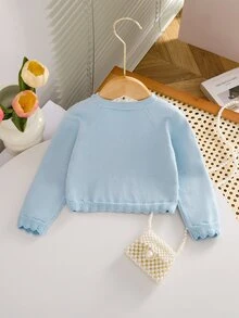 SHEIN Vintaside Kids Baby Girls Cardigans Spring Autumn Knit Long Sleeve Elegant Solid Color Short Shawl Jacket Fashion Versatile Summer Sun Protection Suitable For Daily Wear Travel - Baby Blue - View 2