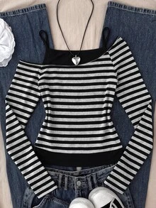 SHEIN 青少年女孩隨機3件組，發送1件 Y2K 休閒條紋短版長袖上衣 - 深灰色 - 查看 9