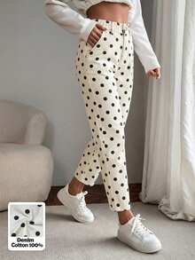 EMERY ROSE Jeans de mezclilla casual con estampado de lunares para tallas grandes - Beis - Ver 3