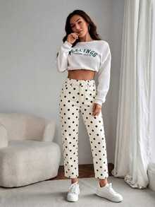 EMERY ROSE Jeans de mezclilla casual con estampado de lunares para tallas grandes - Beis - Ver 4