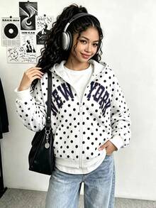 SHEIN 青少年女孩長袖抓絨秋季休閒街頭風寬鬆開學字母印花連帽拉鍊針織衛衣 - 白色 - 查看 2