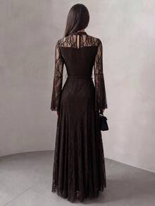 Modelyn Women's Elegant Solid Color Lace Long Sleeve Cinched Waist Waist A-Line Regular Spring/Autumn Dress, Party Dress - Brown - View 3