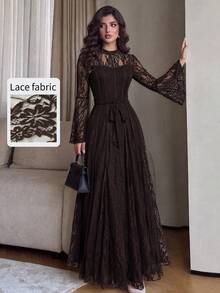 Modelyn Women's Elegant Solid Color Lace Long Sleeve Cinched Waist Waist A-Line Regular Spring/Autumn Dress, Party Dress - Brown - View 2