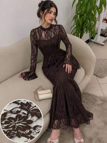 Modelyn Women's Elegant Solid Color Lace Long Sleeve Cinched Waist Waist A-Line Regular Spring/Autumn Dress, Party Dress - Brown - View 6