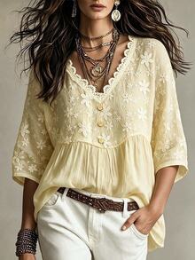 Trelyra Elegant Vacation Lace Patchwork V-Neck Embroidered Loose Casual Women's Blouse - Yellow - View 4