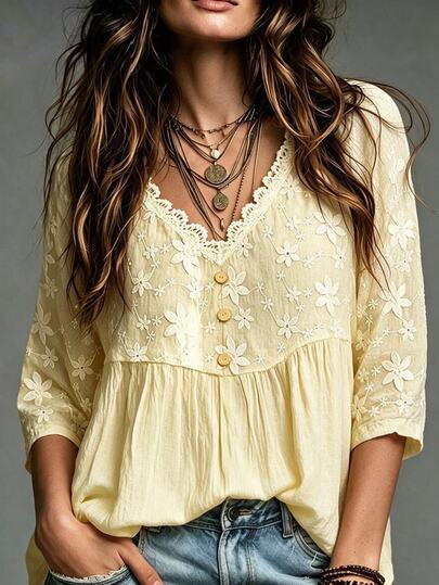 Trelyra Blouse décontractée ample pour femme, col V, patchwork en dentelle et broderie, style élégant de vacances