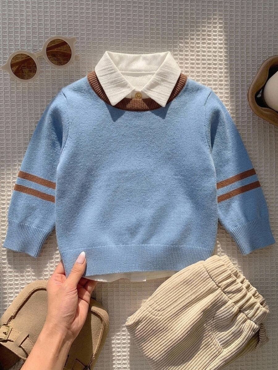 SHEIN Vintaside Kids 嬰兒與幼兒男童圓領長袖拼色針織毛衣,單件上衣,秋冬款 - 淺藍色 - 查看 1