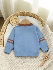 SHEIN Vintaside Kids 嬰兒與幼兒男童圓領長袖拼色針織毛衣，單件上衣，秋冬款 - 淺藍色 - 查看 2
