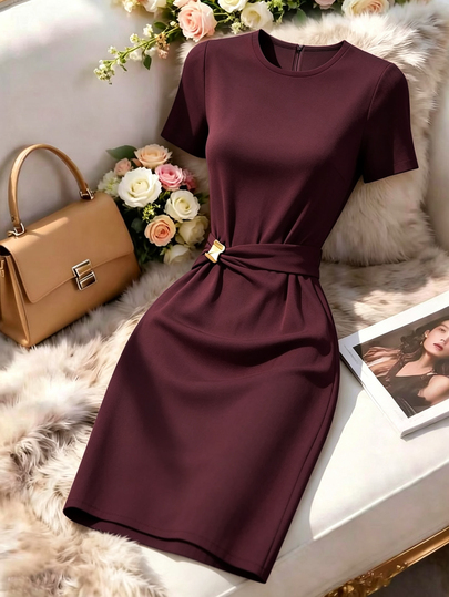 SHEIN Franclia Women's Elegant Office Burgundy Fitted Crew Neck Short Sleeve Dress With Metal Buckle Waist Cinch,Autumn Casual Business Attire For Daily Commute