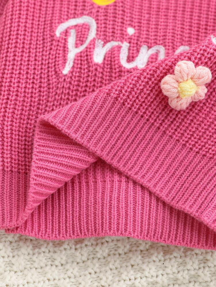 SHEIN Infant Girls Single Knit Sweater, Letter Floral Crew Neck Long Sleeve - Pink - View 5