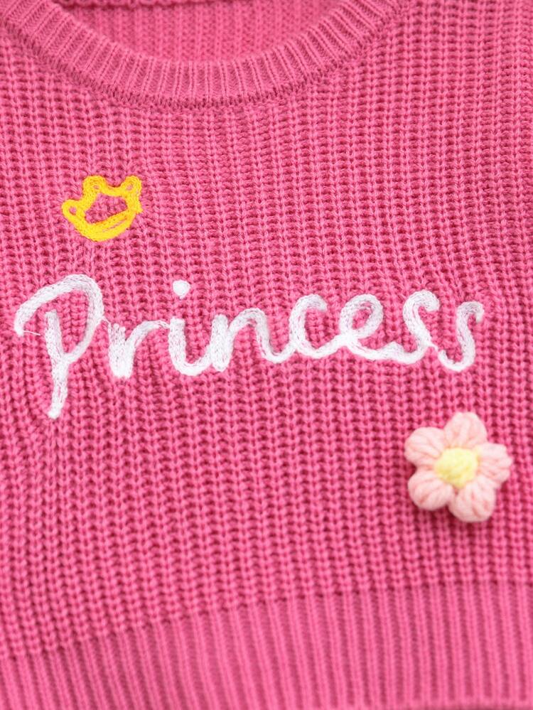 SHEIN Infant Girls Single Knit Sweater, Letter Floral Crew Neck Long Sleeve - Pink - View 7