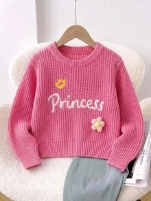 SHEIN 女嬰單針編織毛衣，字母花卉圓領長袖 - 粉色 - 查看 1