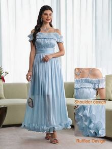 Modelyn 女款淺藍色夏季優雅婚禮賓客洋裝，法式荷葉邊露肩長版A字修身高街泡泡袖洋裝，派對度假時尚款 - 藍色 - 查看 6