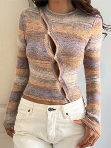 DAZY Women's Contrast Color Long Sleeve Single-Breasted Fitted Knit Cardigan - Multicolor - View 4