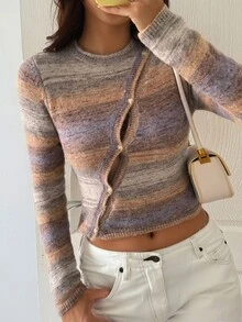 DAZY Women's Contrast Color Long Sleeve Single-Breasted Fitted Knit Cardigan - Multicolor - View 2