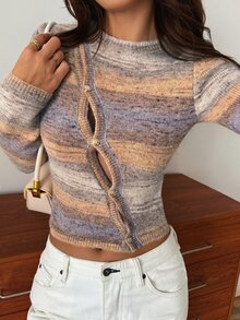 DAZY Women's Contrast Color Long Sleeve Single-Breasted Fitted Knit Cardigan - Multicolor - View 7
