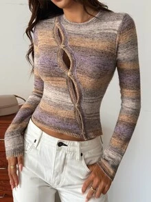 DAZY Women's Contrast Color Long Sleeve Single-Breasted Fitted Knit Cardigan - Multicolor - View 9