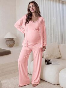 Slowluna 孕婦純色對比蕾絲長袖開襟衫背心與長褲休閒時尚套裝 秋季居家正式拍照用 粉色 - 粉色 - 查看 8