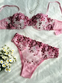 SHEIN 2pcs/Set Romantic Embroidered Sheer Lace Sexy Bra And Panty Lingerie Set - Pink - View 1