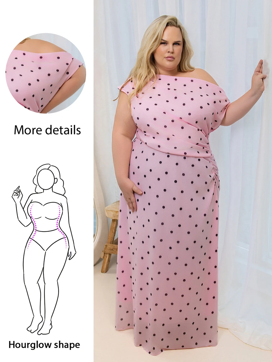 Hourglow Gaun Maxi A-Line Motif Bunga Warna Pink untuk Pesta Malam Kencan Elegan Ukuran Plus dengan Bahu Terbuka dan Pinggang Terikat, Cocok untuk Musim Panas. - Berwarna merah muda - View 1
