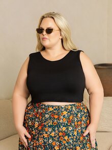 Hourglow Tank Top Tanpa Lengan dengan Tali Belakang, Warna Polos, Ukuran Plus untuk Wanita, Kasual Musim Panas, Hitam - Hitam - View 5