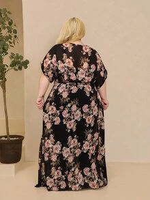 Hourglow 大尺碼女款花卉印花長版襯衫，夏季度假黑色 - 黑色 - 查看 2