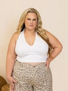 Hourglow Plus Size Black Tie-Up Spaghetti Strap Crop Top Casual Summer White - White - View 4