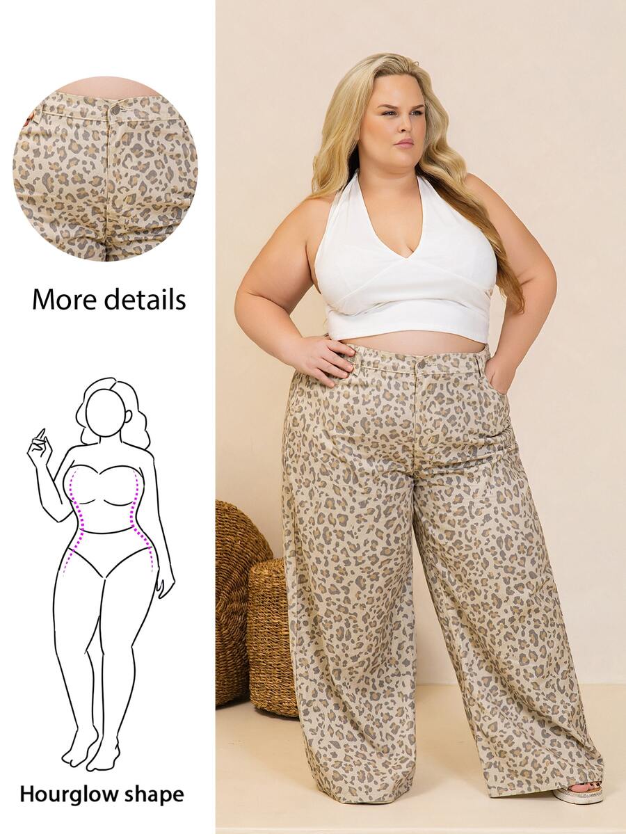 Hourglow Celana Jeans Kasual Serbaguna Model Lebar dengan Saku Motif Leopard Ukuran Besar untuk Liburan