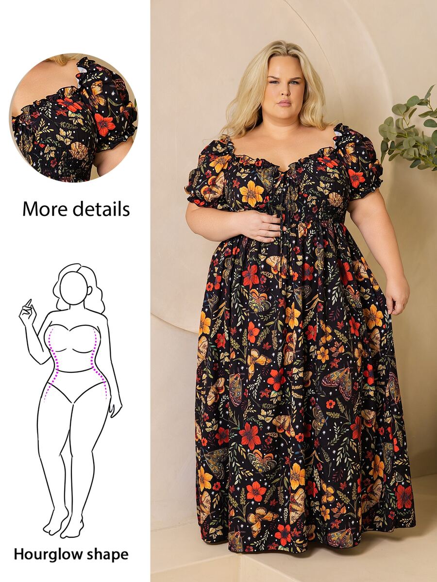 Hourglow Women's Plus Size Boho Black Floral Print A Line Dress Off ...