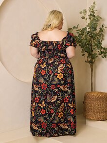 Hourglow Women's Plus Size Boho Black Floral Print A Line Dress Off ...