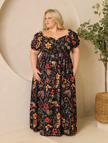 Hourglow Women's Plus Size Boho Black Floral Print A Line Dress Off ...