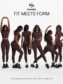Innovista Innovista 女款純色短袖上衣與高腰緊身褲休閒日常運動套裝 - 卡其色 - 查看 8