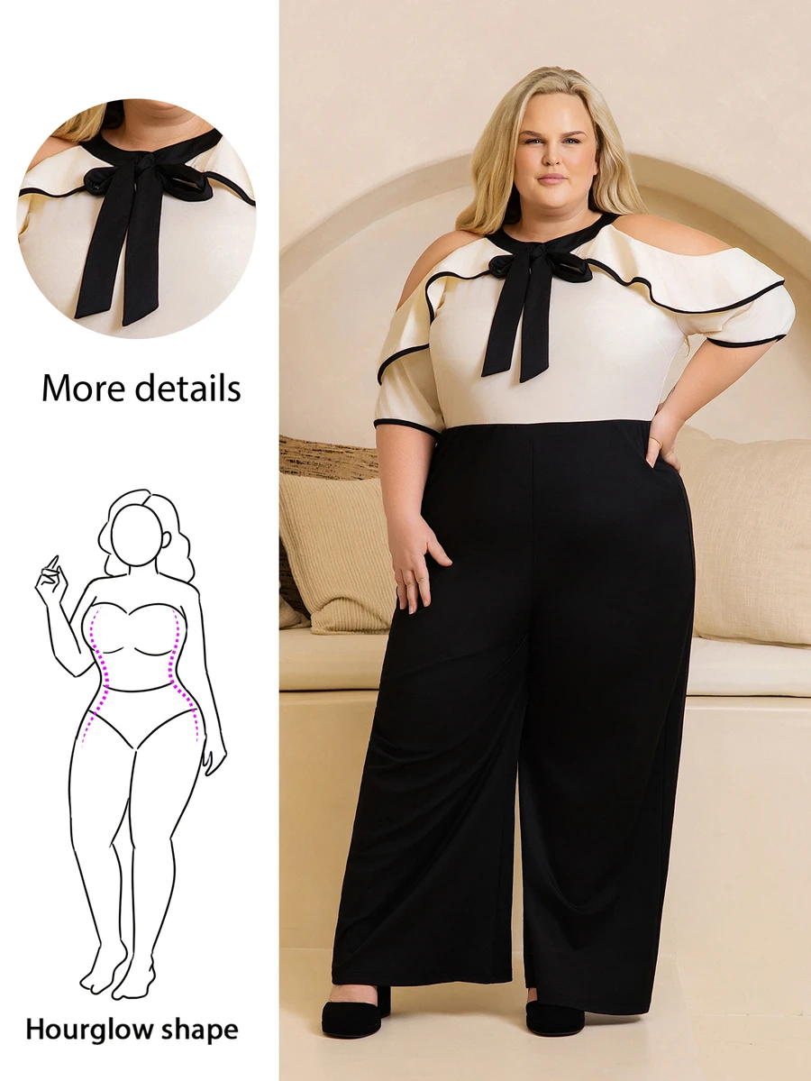Hourglow Women's Elegant Contrast Color Off-Shoulder Short Sleeve Bow Collar Fitted Jumpsuit Summer - Multicolor - View 1