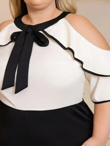 Hourglow Women's Elegant Contrast Color Off-Shoulder Short Sleeve Bow Collar Fitted Jumpsuit Summer - Multicolor - View 6