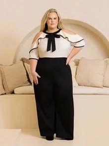Hourglow Women's Elegant Contrast Color Off-Shoulder Short Sleeve Bow Collar Fitted Jumpsuit Summer - Multicolor - View 4