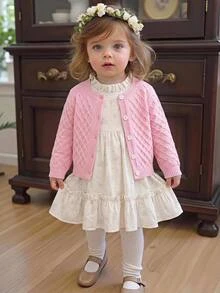 Genkimix Kids Cardigan Rajut Kasual Lengan Panjang Kancing Tunggal untuk Bayi Perempuan - Baby Pink - View 1