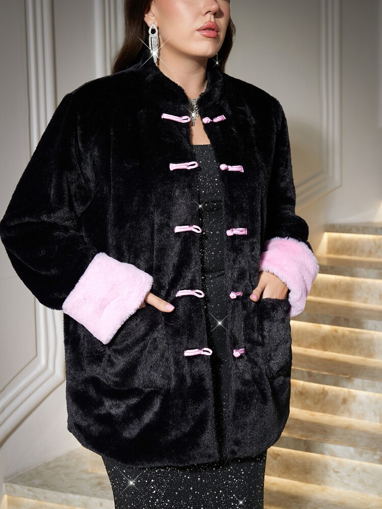 Reflora Plus Size Black Pink Contrast Color Frog Button Fur Coat, Autumn/Winter Wedding Guest Formal Evening Elegant Formal Tailored - Black - View 6