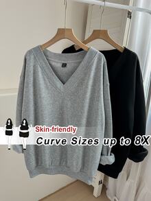 SHEIN CURVE+ مجموعة من قطعتين من كنزات رياضية رمادية مقاس كبير مع طباعة كلمة NOPE، قصة فضفاضة، ياقة على شكل حرف V، أكمام طويلة، خريف 2026 22W - متعدد الألوان - مشاهدة 10