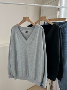 SHEIN CURVE+ مجموعة من قطعتين من كنزات رياضية رمادية مقاس كبير مع طباعة كلمة NOPE، قصة فضفاضة، ياقة على شكل حرف V، أكمام طويلة، خريف 2026 22W - متعدد الألوان - مشاهدة 3