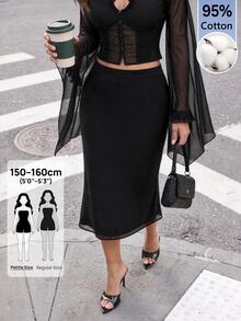 SHEIN PETITE Women's Elegant Mermaid Skirt For Dating And Vacation - Black - View 7