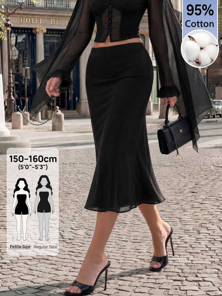 SHEIN PETITE Women's Elegant Mermaid Skirt For Dating And Vacation - Black - View 1