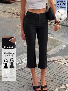 SHEIN PETITE Spring/Summer Black Stretch Capri Pants-Elegant,CasualAnd Relaxed Look - Stylish,VersatileAnd High-End,97% Cotton,Petite - Black - View 1