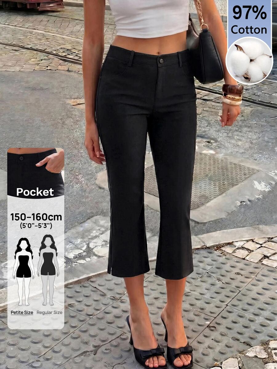 SHEIN PETITE Spring/Summer Black Stretch Capri Pants-Elegant,CasualAnd Relaxed Look - Stylish,VersatileAnd High-End,97% Cotton,Petite - Black - View 1