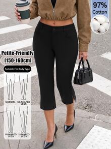 SHEIN PETITE Spring/Summer Black Stretch Capri Pants-Elegant,CasualAnd Relaxed Look - Stylish,VersatileAnd High-End,97% Cotton,Petite - Black - View 8
