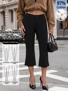 SHEIN PETITE Spring/Summer Black Stretch Capri Pants-Elegant,CasualAnd Relaxed Look - Stylish,VersatileAnd High-End,97% Cotton,Petite - Black - View 6