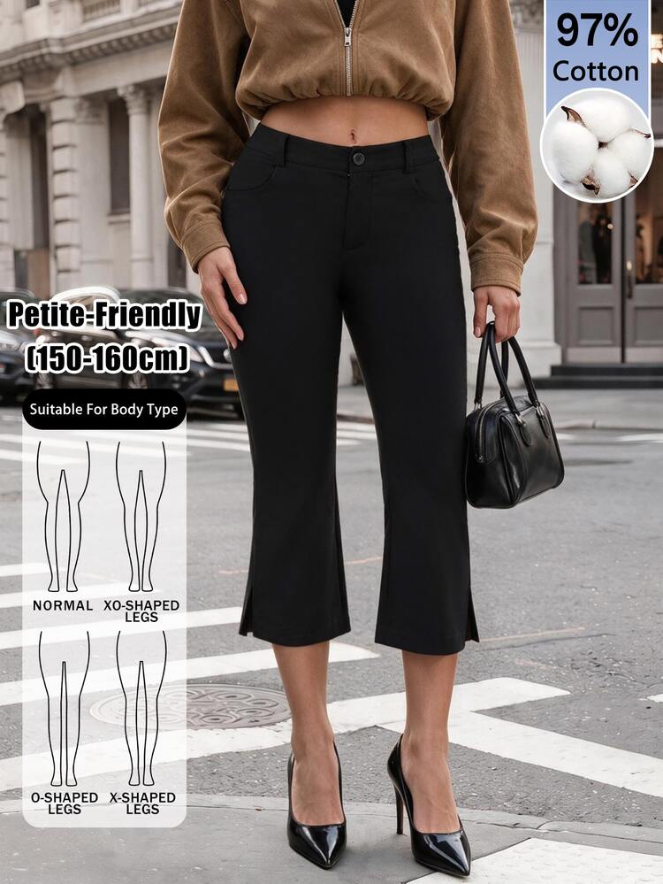 SHEIN PETITE 春夏黑色彈性七分褲－優雅休閒隨性風格，時尚百搭高質感，97%棉，小碼 - 黑色 - 查看 6