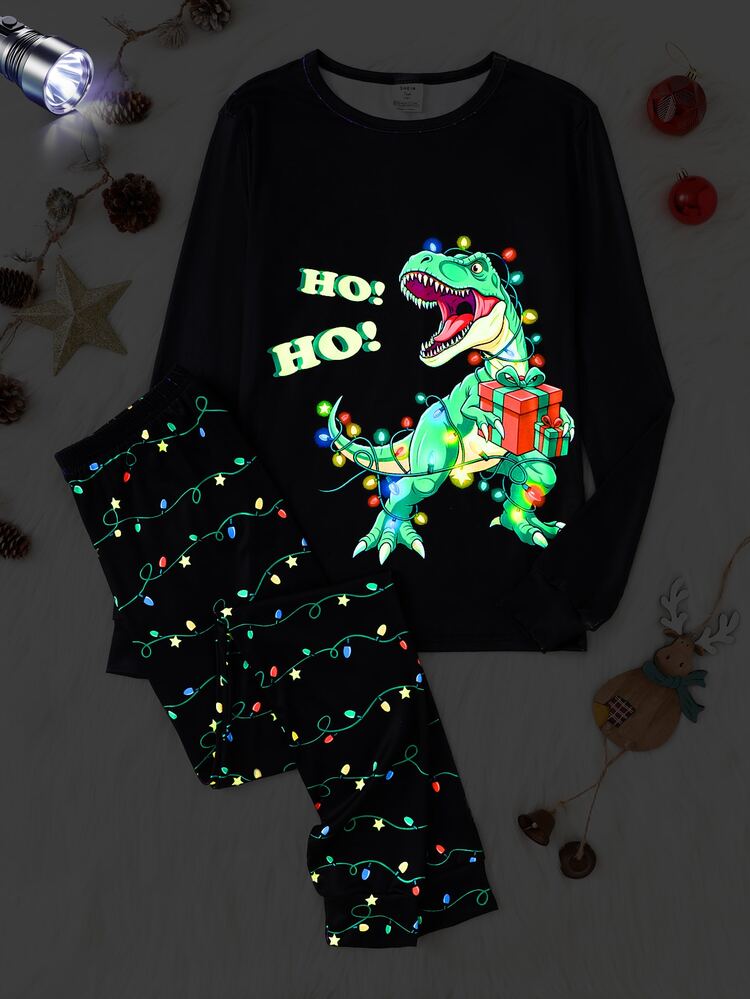 Teen Boys Cool Fluorescent Effect Print Colorful Light Dinosaur Pattern Black High Elastic Ribbed Snug Fit Crew Neck Long Sleeve Top And Colorful Light All-Over Print Long Pants Snug Fit Casual Comfortable Loungewear 2 Pieces Set Snug Fit - Black - View 8