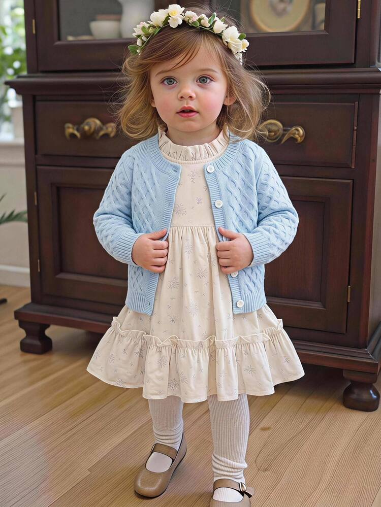 Genkimix Kids Baby Girl Fashion Button Textured Long Sleeve Knit Cardigan Autumn Winter - Baby Blue - View 1