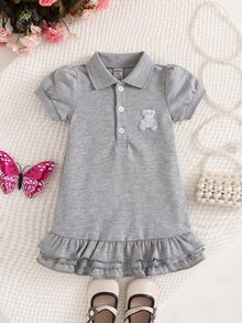 SHEIN 女嬰休閒 Polo 領短袖可愛粉色洋裝，附荷葉邊下擺設計 - 灰色 - 查看 1