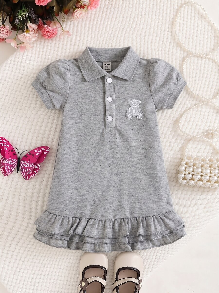 SHEIN 女嬰休閒 Polo 領短袖可愛粉色洋裝,附荷葉邊下擺設計 - 灰色 - 查看 1